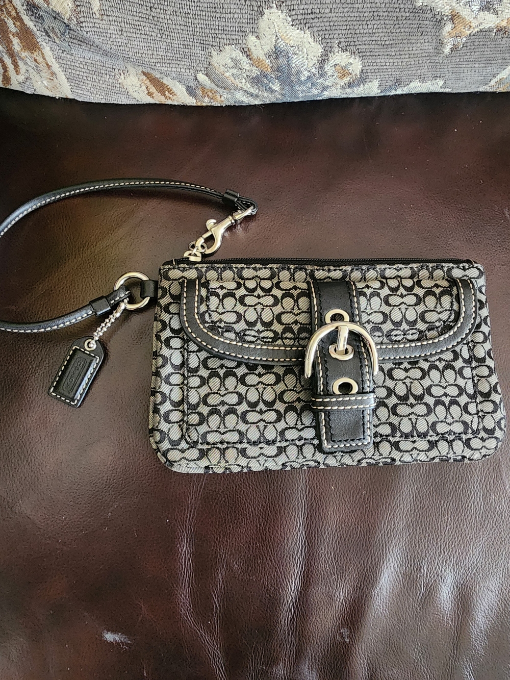 Coach Black and Gray Signature Canvas Wristlet with Buckle Accent